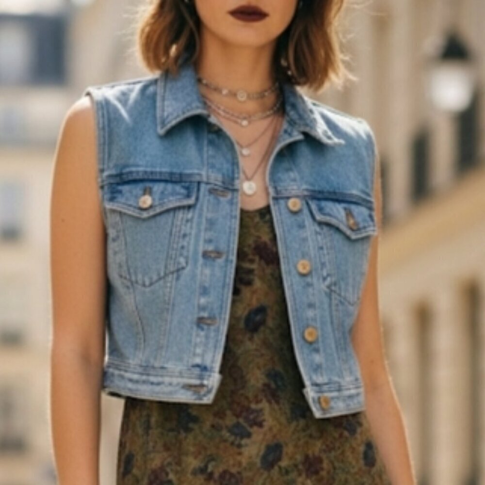 VTG 90s Cropped Denim Jean Vest With  Gem Button Detailing Size S Fits Medium